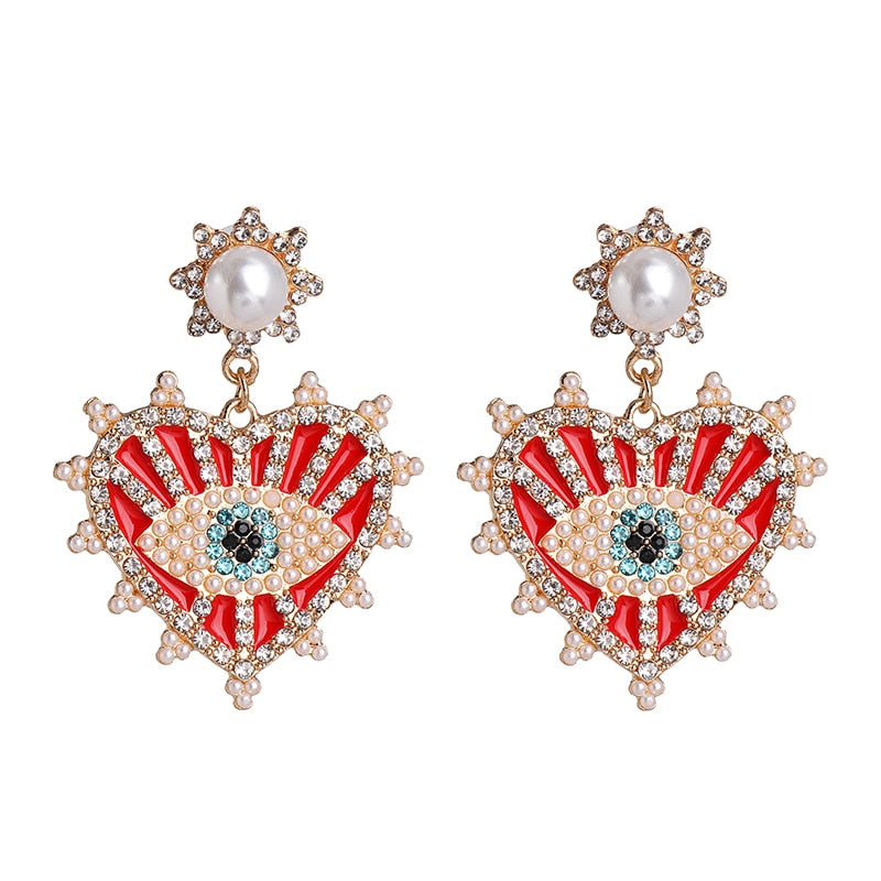 Evil Eye Crystal Pearl Heart Drop Earrings | Spiritual Jewelry