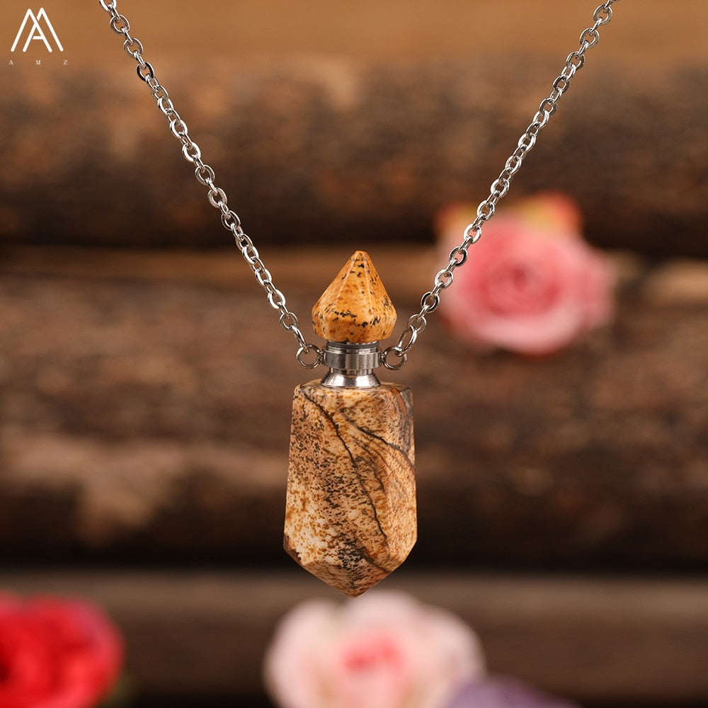 Natural Gems Stone Faceted Prism Perfume Bottle Pendants Necklace,Cut Hexagon Points Crystal Essential Oil Diffuser Vial Charms
