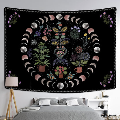 Moon Phase Tapestry Wall Hanging Plants Celestial Flowers Starry Sky Bohemian Witchcraft Hippie Home Decor