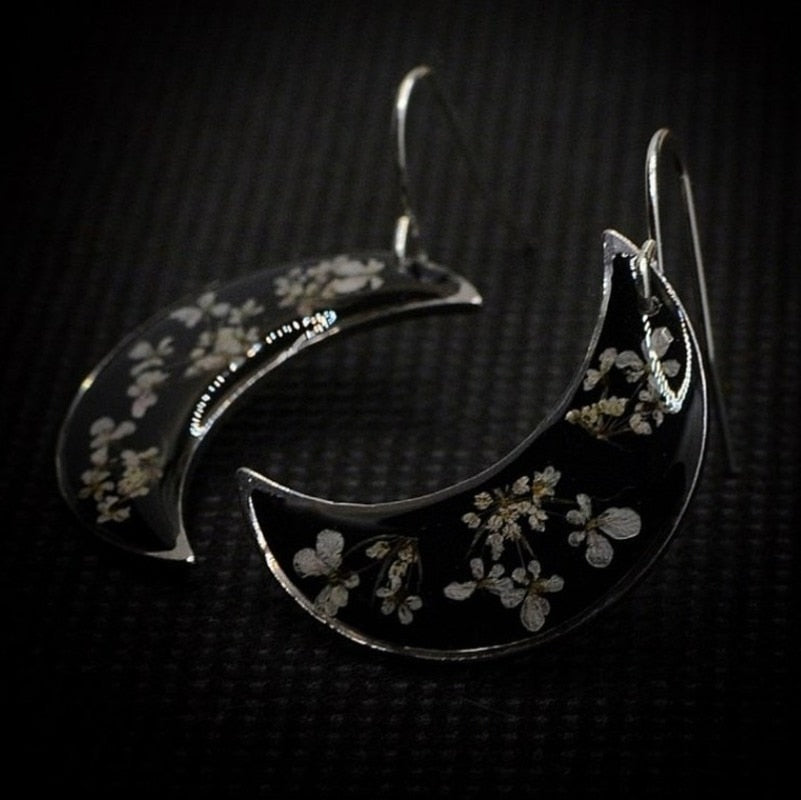 Moon Crescent Earrings with Pressed Flowers|Floral & Moon Jewelry