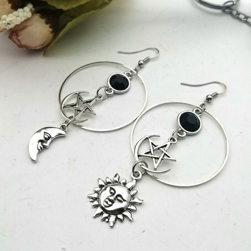 Moon, Pentagram and Sun Earrings Set | Tarot Card, Witch Earrings