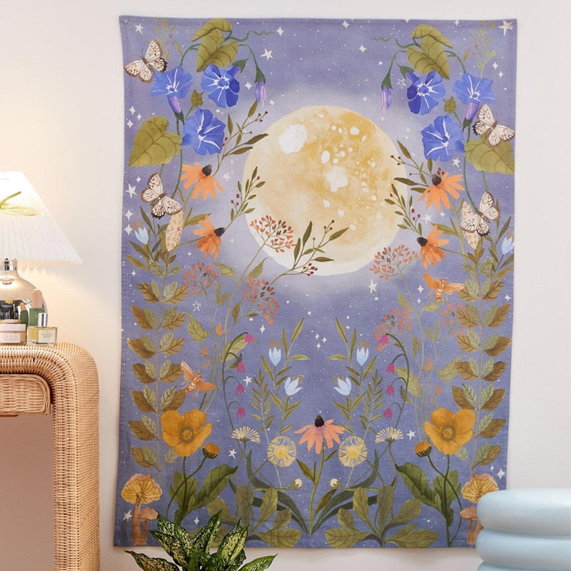 Moon Phases Tapestry Wall | Moon & Floral Hanging Tapestry