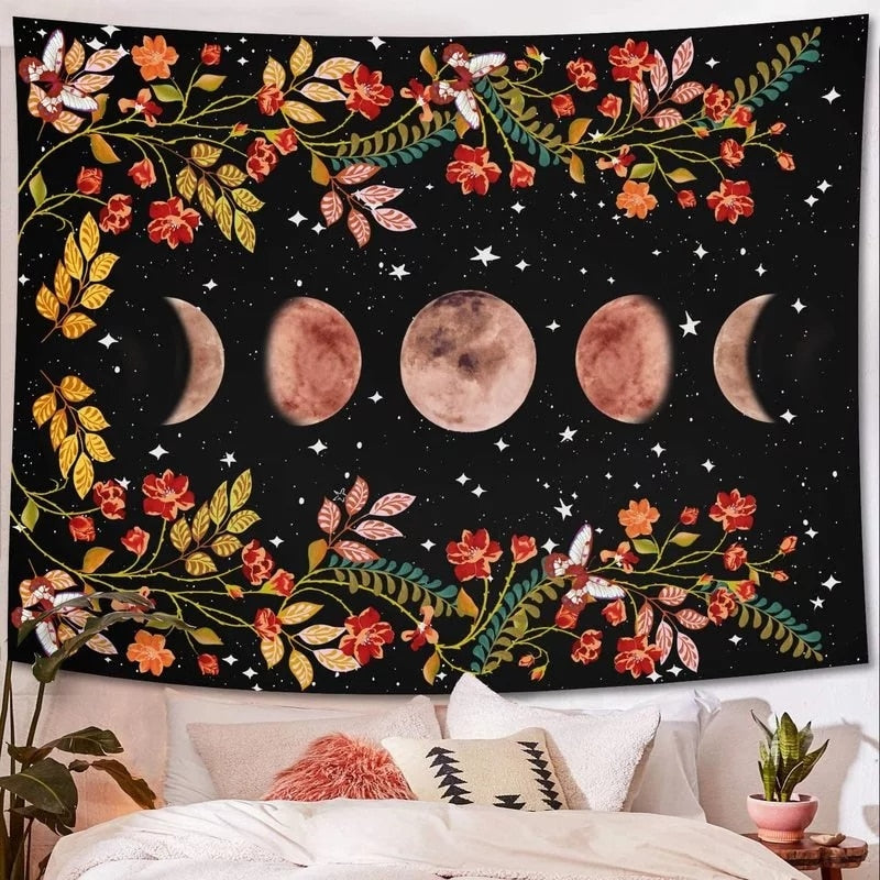 Moon Phases Tapestry Wall | Moon & Floral Hanging Tapestry