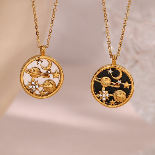 Dainty Starry Gold Astrology Necklace | Black & White Round Moon and Star | Jewelry