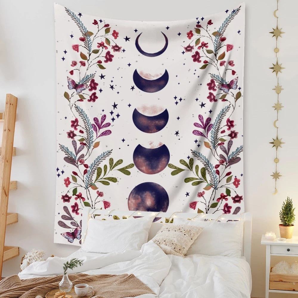 Moon Phases Tapestry Wall | Moon & Floral Hanging Tapestry