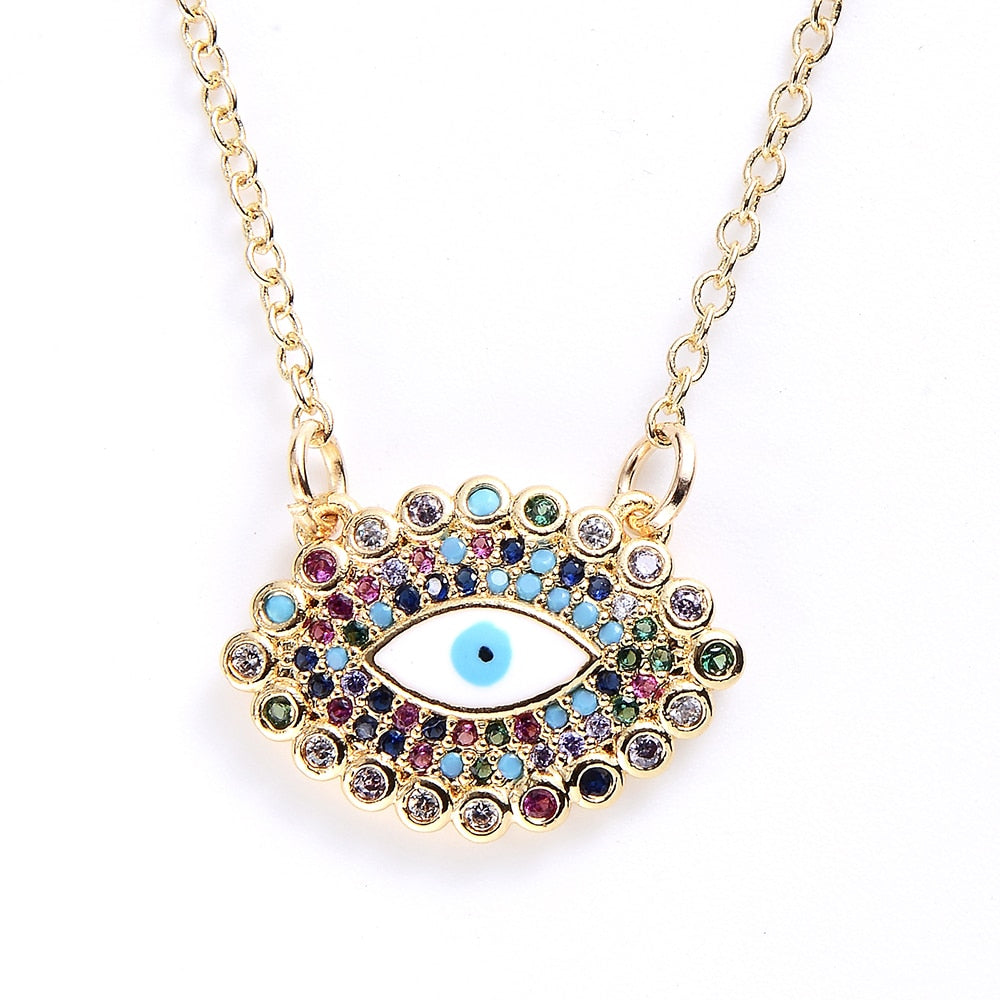 Turkish Style Zircon Jewelry Necklace Pendant Trendy Copper CZ Stone Enamel Hamsa Hand Evil Eye Necklace for Women Collier Femme