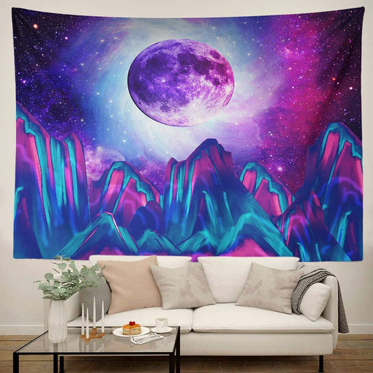 Mountain Moon Psychedelic Tapestry Milky Way Hanging Cloth Uv Reactive Universe Space Blue Starry Sky Wall Hanging Room Decor