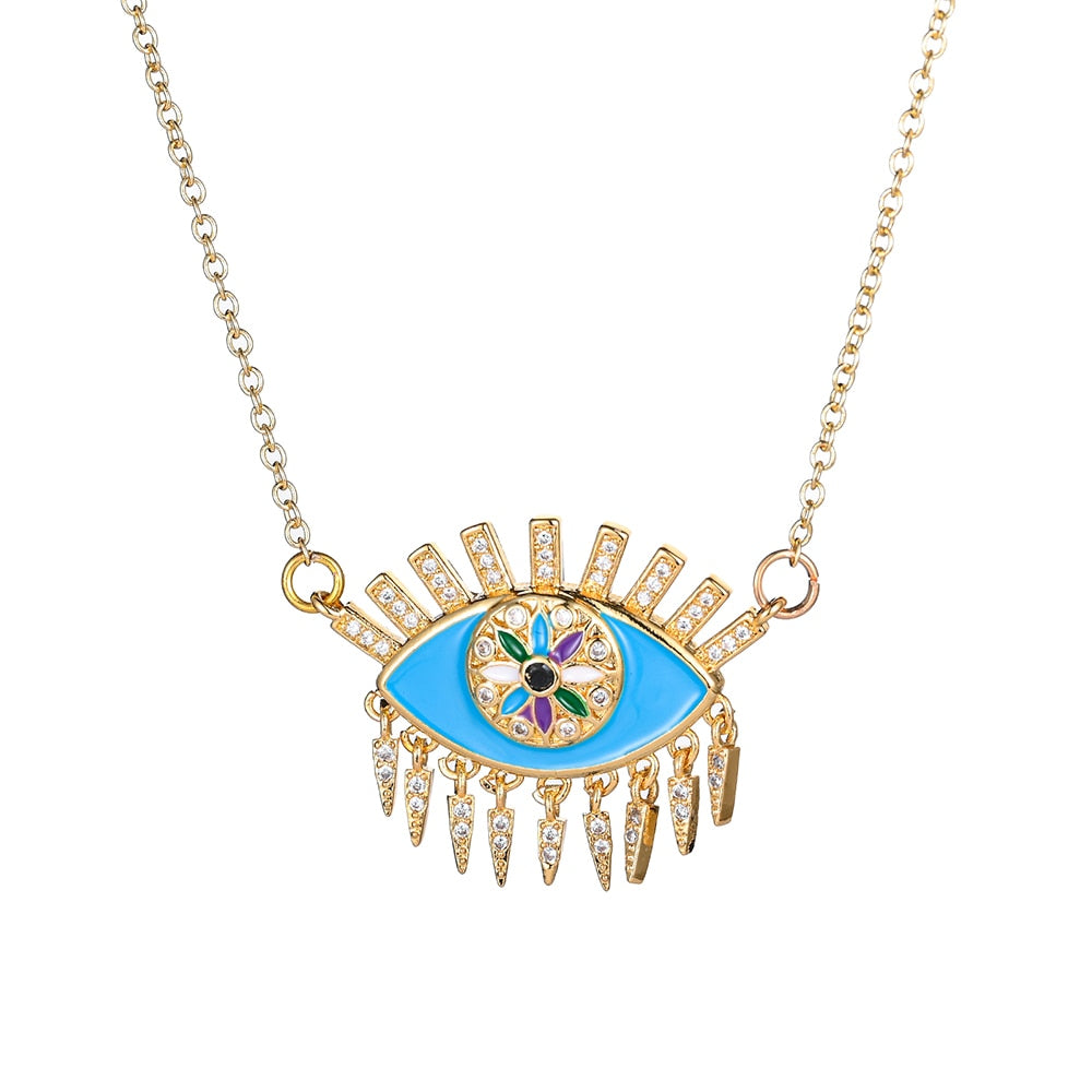 Turkish Style Zircon Jewelry Necklace Pendant Trendy Copper CZ Stone Enamel Hamsa Hand Evil Eye Necklace for Women Collier Femme