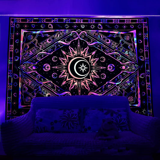 Luminous Sun Moon Tapestry Black Light Colorful Background Uv Reactive Hippie Boho Tapestry Burning Sun Psychedelic Tapestry