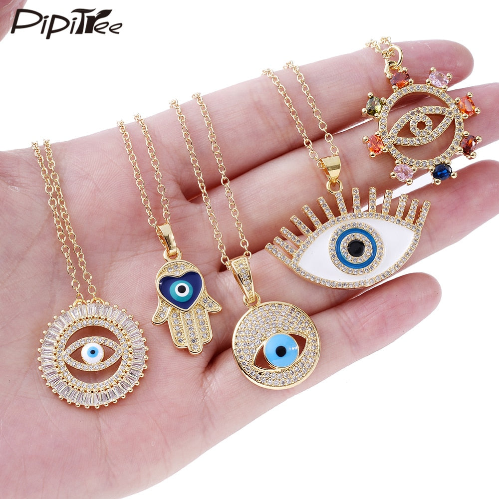 Turkish Style Zircon Jewelry Necklace Pendant Trendy Copper CZ Stone Enamel Hamsa Hand Evil Eye Necklace for Women Collier Femme