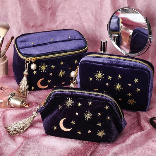 Cosmic / Astrology Style Velvet Cosmetic Bag - Large Capacity | Portable Makeup Storage