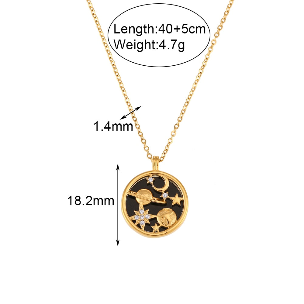 Dainty Starry Gold Astrology Necklace | Black & White Round Moon and Star | Jewelry