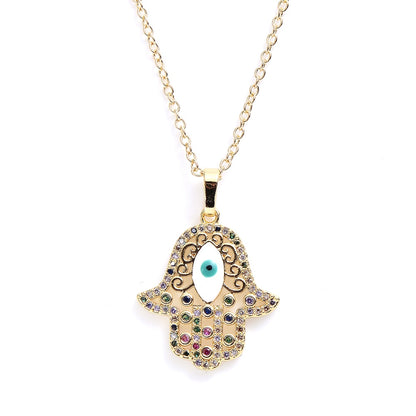 Turkish Style Zircon Jewelry Necklace Pendant Trendy Copper CZ Stone Enamel Hamsa Hand Evil Eye Necklace for Women Collier Femme