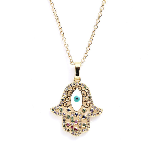 Turkish Style Zircon Jewelry Necklace Pendant Trendy Copper CZ Stone Enamel Hamsa Hand Evil Eye Necklace for Women Collier Femme