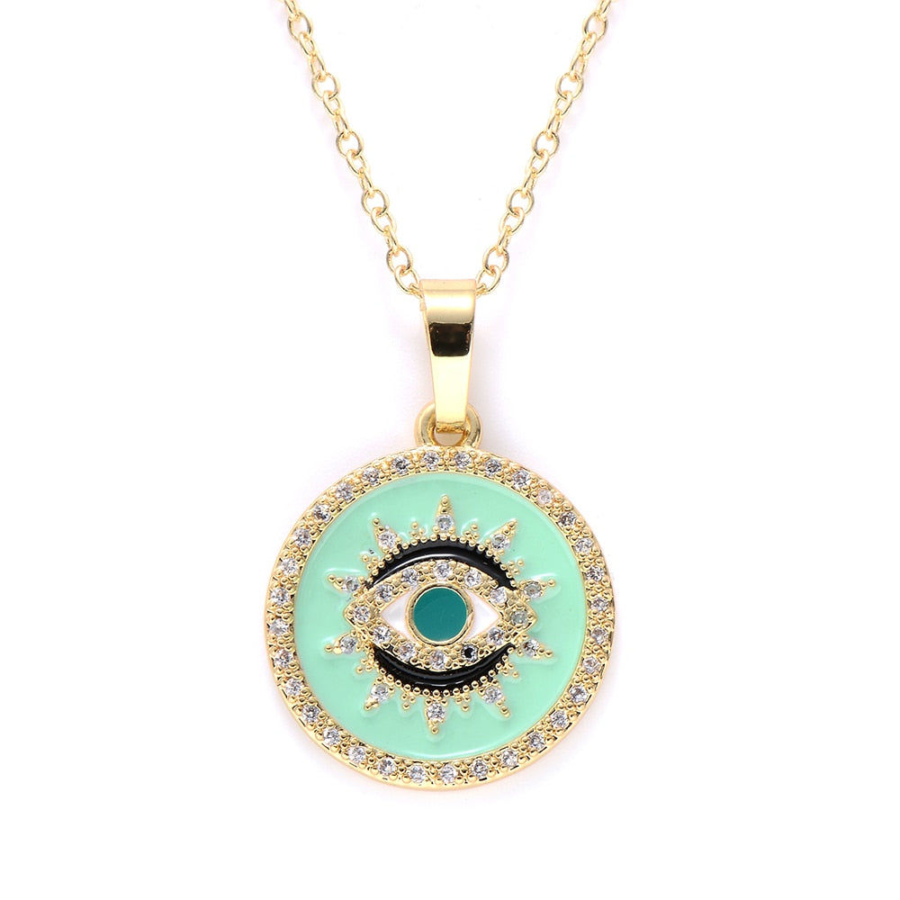 Gold Evil Eye Necklace, Circle Pendant (Green)  | Spiritual Jewelry