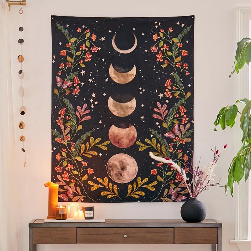 Moon Phases Tapestry Wall | Moon & Floral Hanging Tapestry