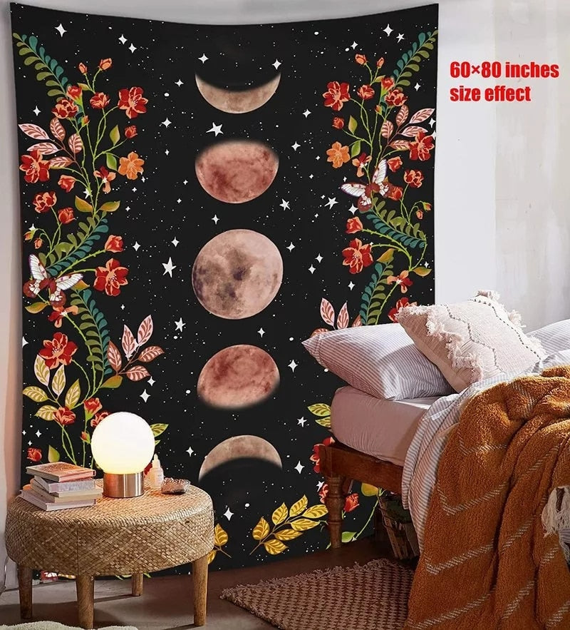 Moon Phases Tapestry Wall | Moon & Floral Hanging Tapestry