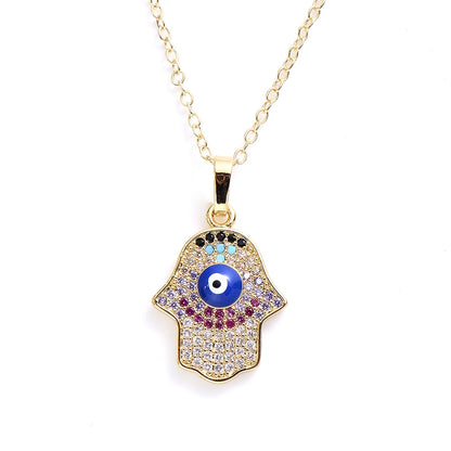 Turkish Style Zircon Jewelry Necklace Pendant Trendy Copper CZ Stone Enamel Hamsa Hand Evil Eye Necklace for Women Collier Femme