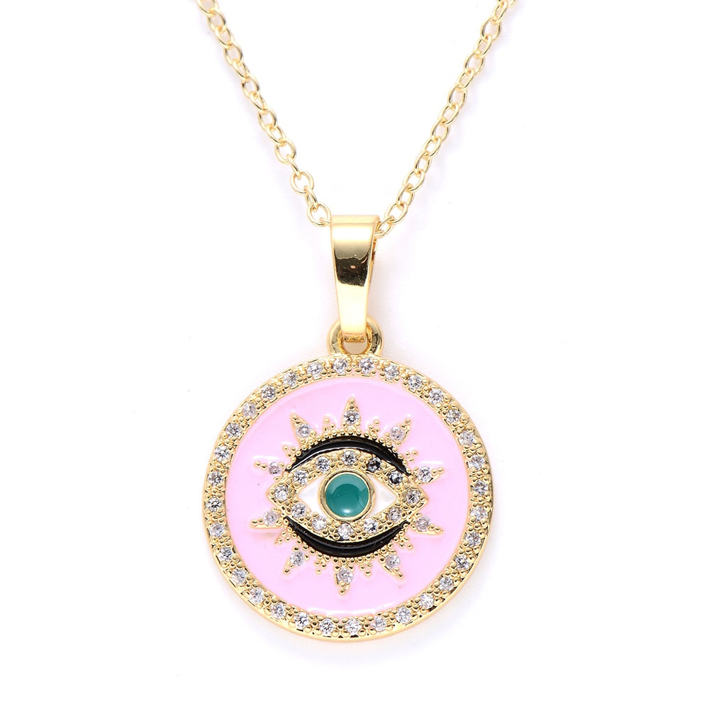 Gold Evil Eye Necklace, Circle Pendant (Pink) | Spiritual Jewelry