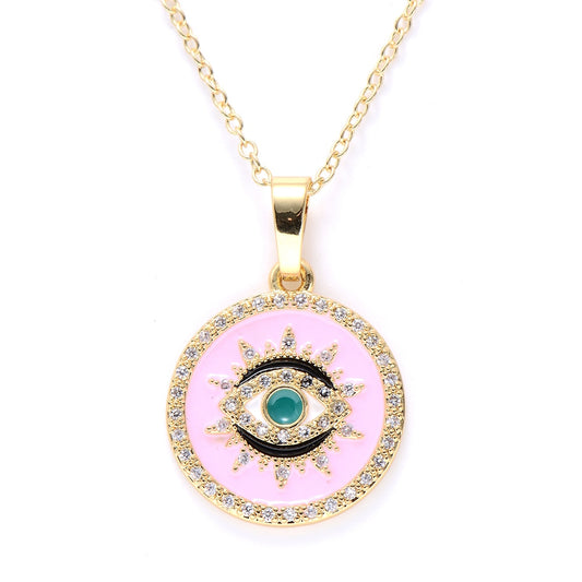 Gold Evil Eye Necklace, Circle Pendant (Pink) | Spiritual Jewelry