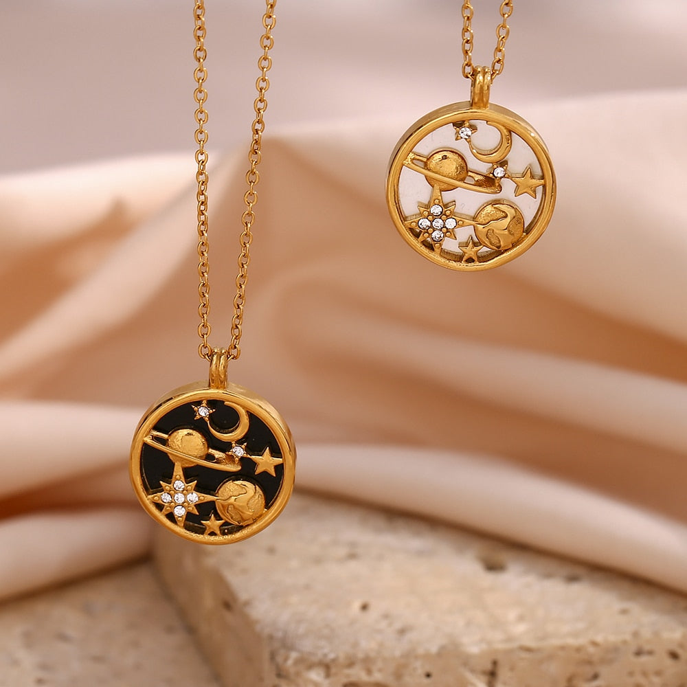 Dainty Starry Gold Astrology Necklace | Black & White Round Moon and Star | Jewelry