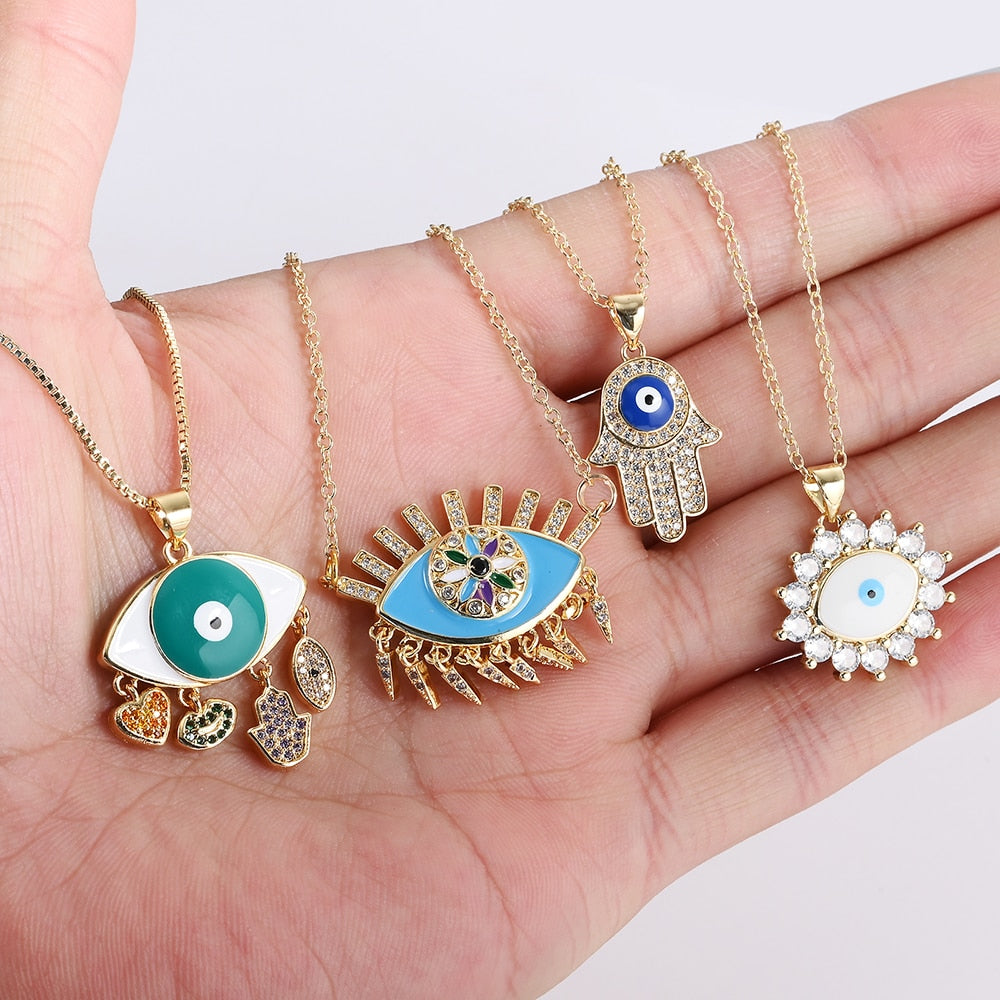 Turkish Style Zircon Jewelry Necklace Pendant Trendy Copper CZ Stone Enamel Hamsa Hand Evil Eye Necklace for Women Collier Femme