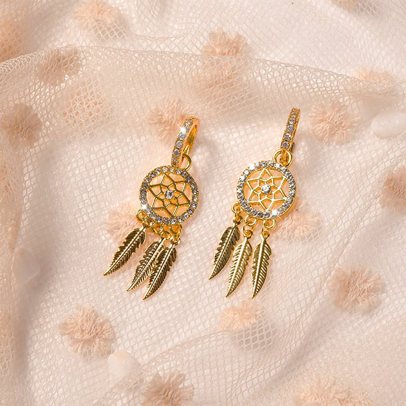14k Gold Feather Dream Catcher Drop Earrings for Women | Spiritual Jewelry