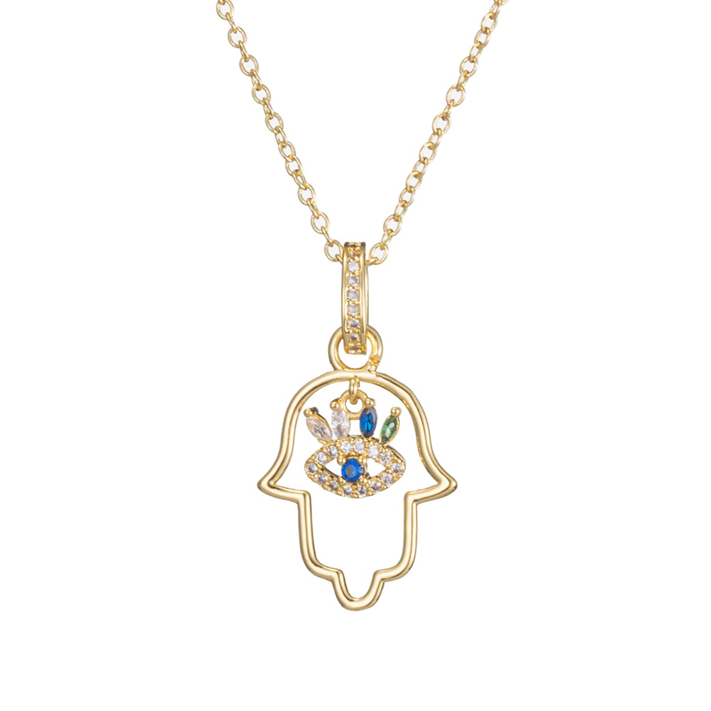 Turkish Style Zircon Jewelry Necklace Pendant Trendy Copper CZ Stone Enamel Hamsa Hand Evil Eye Necklace for Women Collier Femme