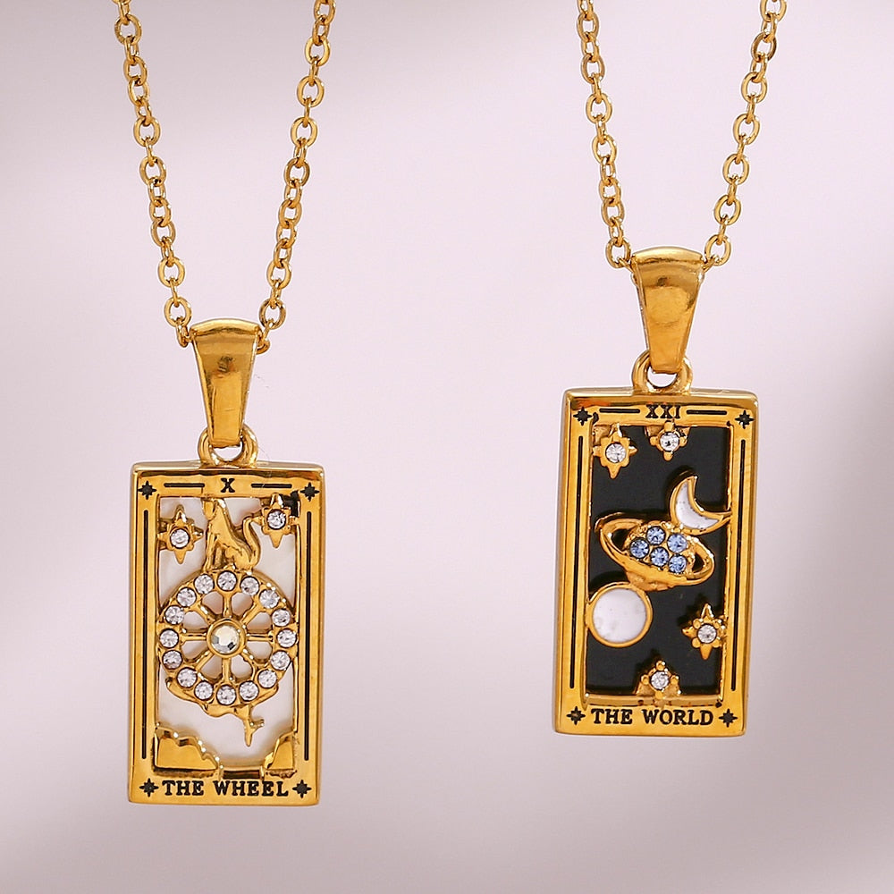 18k Gold Plated Dainty 'The World' and 'The Wheel' Tarot Card Necklace