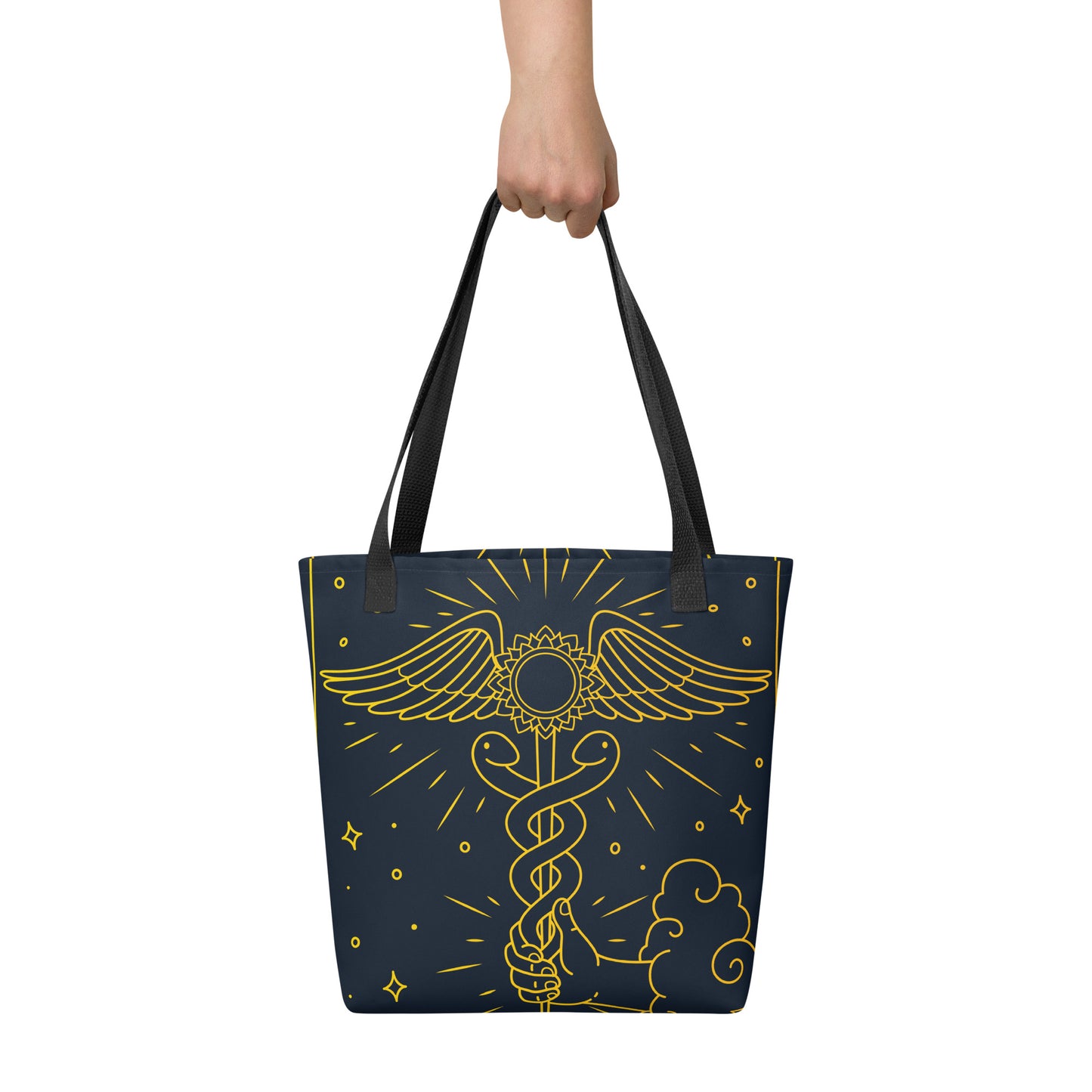 'The Enlightenment' Tote Bag | 'Ace of Pentacles' Tarot Card, Caduceus & Crown Chakra