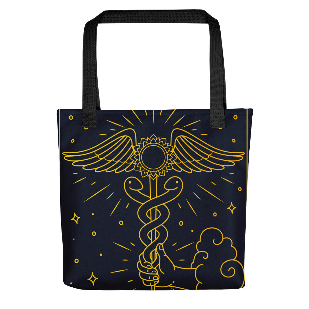 'The Enlightenment' Tote Bag | 'Ace of Pentacles' Tarot Card, Caduceus & Crown Chakra