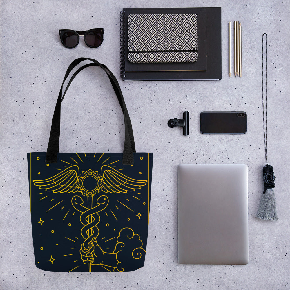 'The Enlightenment' Tote Bag | 'Ace of Pentacles' Tarot Card, Caduceus & Crown Chakra