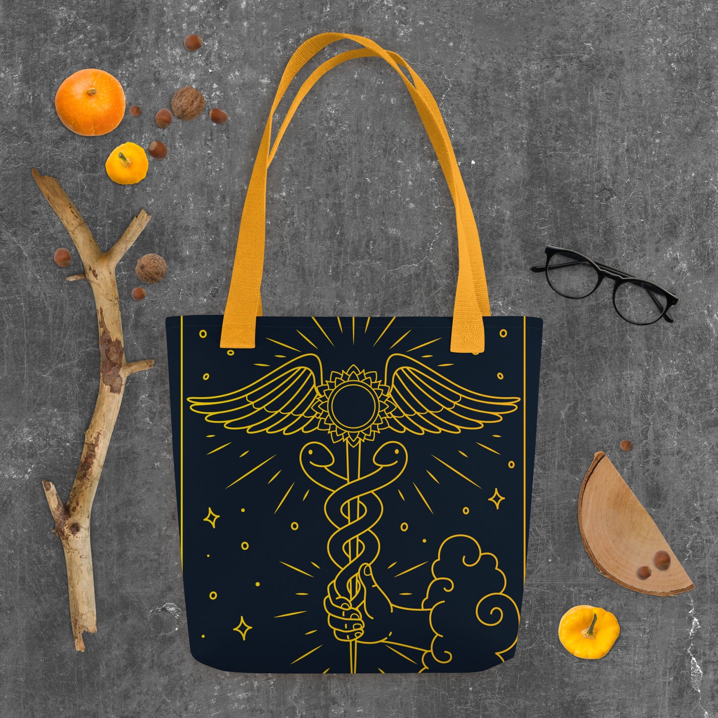 'The Enlightenment' Tote Bag | 'Ace of Pentacles' Tarot Card, Caduceus & Crown Chakra