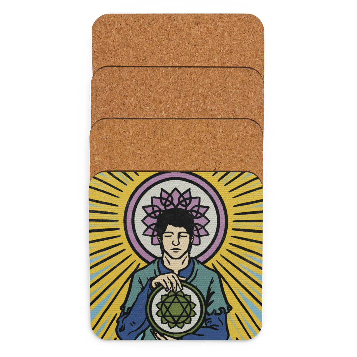 'Four of Pentacles' Chakra Cork-Back Coasters | Tarot Card, Minor Arcana