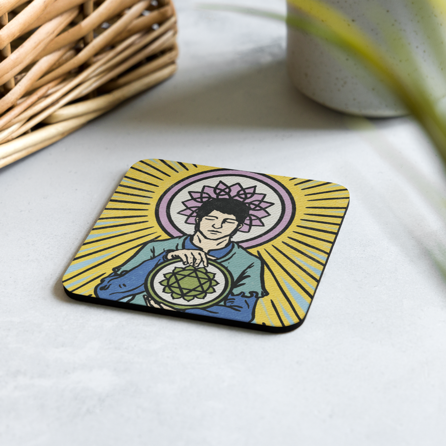 'Four of Pentacles' Chakra Cork-Back Coasters | Tarot Card, Minor Arcana
